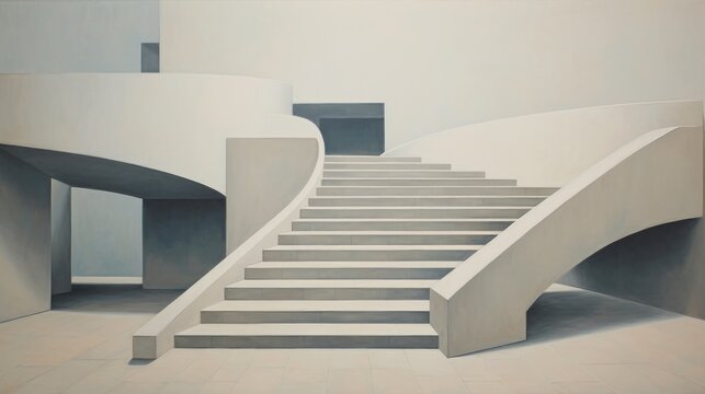  a painting of a set of stairs leading up to a room with a staircase leading up to a room with a staircase leading up to a room with a door.