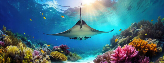 A majestic manta ray glides gracefully through the sunlit waters above a vibrant coral reef. The underwater scene is alive with color and life, highlighting the serene beauty of the ocean's depths.