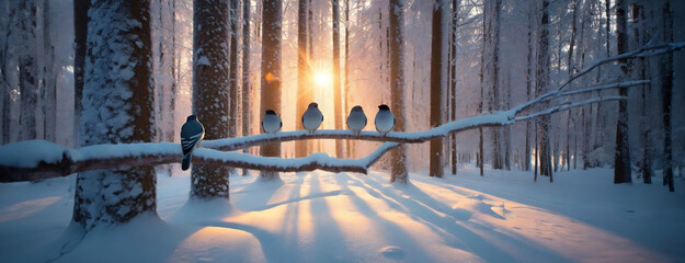 Birds perch on a snow covered branch in a serene, sunlit winter forest, evoking peace and stillness. Quiet of the snowy woods, the gentle morning light creates a magical beauty of nature in repose.