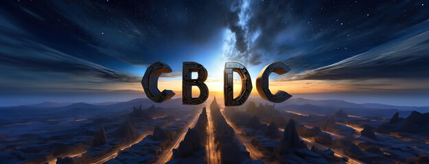Letters CBDC hover ominously in a twilight sky, foretelling the rise of a new monetary system...