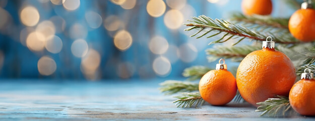 Oranges as toys festive baubles decorate Christmas tree. Traditional holiday decor against a bokeh...
