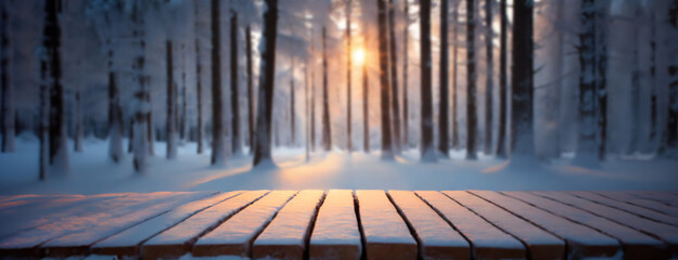 Sunlight filters through a tranquil winter forest, casting a warm glow on a snow-dusted wooden surface in the foreground. Serene golden sunrise in quiet woodland, untouched snow, winter tableau.