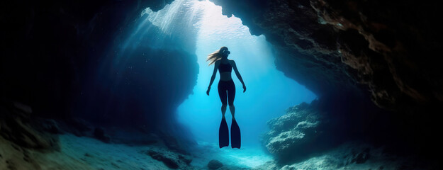 A female free diver with fins is silhouetted against the sunlight filtering through an underwater cave. - obrazy, fototapety, plakaty