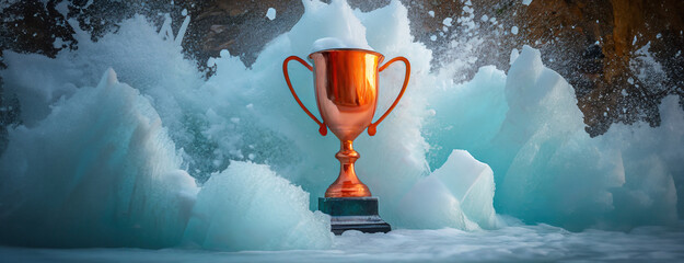 A gleaming trophy cup stands on snow icy blue background. Concept of Winter Olympic Games.