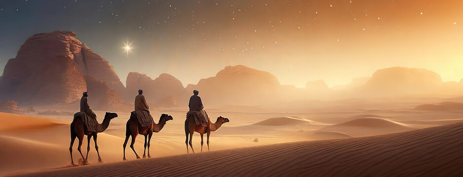 Three Kings Day Epiphany. Three figures on camels traverse a desert under a starlit sky, evoking the journey of the Magi