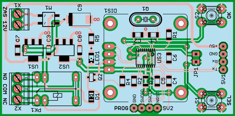 Vector printed circuit board of an electronic 
device with components of radio elements, 
conductors and contact pads placed on it. 
Engineering drawing.