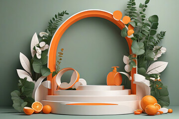 Set of red and white 3D orange background with products podium arch shape and green lea - obrazy, fototapety, plakaty