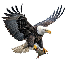Obraz premium a Bald eagle with a fish in its talons, 3/4/side view, isolated and transparent PNG in a Nature-themed, photorealistic illustration. Generative ai