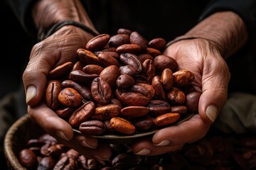 roasted coffee beans in farmer hands