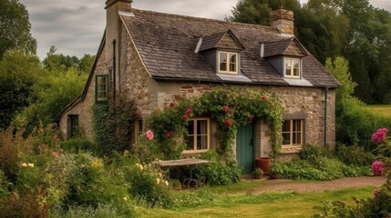 a rural countryside cottage with floral accents in a horizontal format in a European country living-themed, photorealistic illustration in JPG. Generative ai