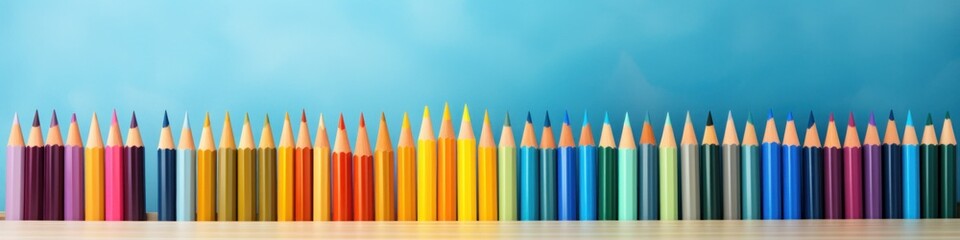 A row of colored pencils lined up on a table against blue background, AI - Powered by Adobe