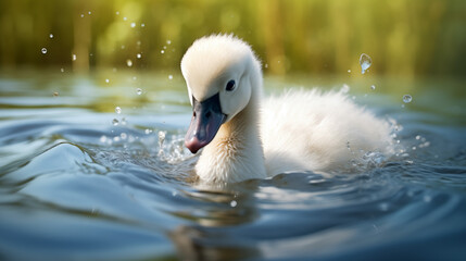 A white swan swimming in water. - obrazy, fototapety, plakaty