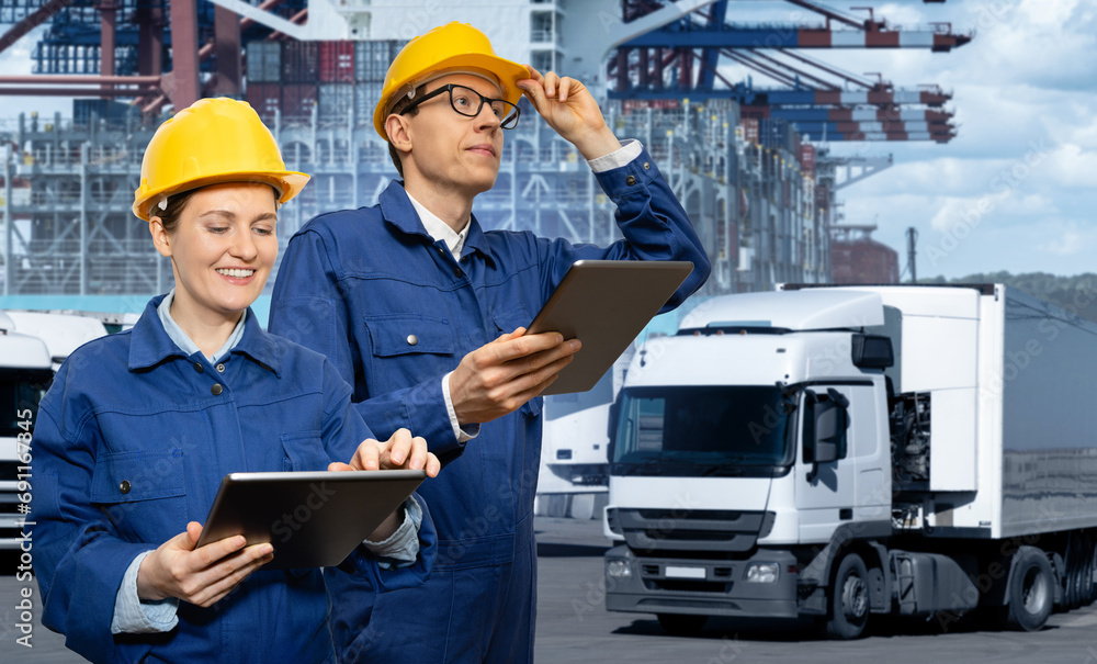 Poster Port managers with a digital tablet against the background of a ship loaded with containers in the seaport	