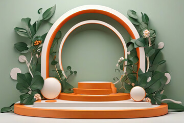 Set of red and white 3D orange background with products podium arch shape and green lea - obrazy, fototapety, plakaty