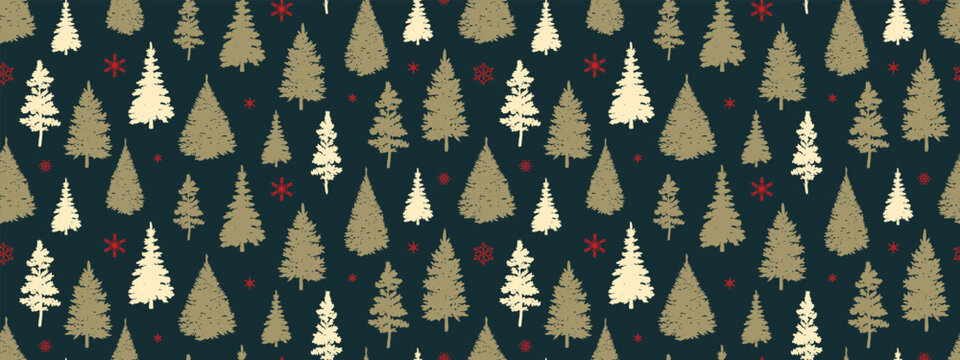 Christmas vector pattern with khaki and green colors. Christmas tree and red snowflakes vector background.