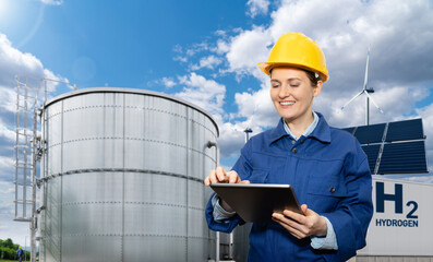 Female engineer with tablet computer on a background of Hydrogen factory