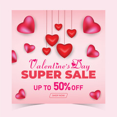 Valentine's Day Super Sale web banner or Post with hearts background. Discount Promotion, and shopping template. Happy Valentine's Day Concept with Big Sale Header Hanging Hearts Template © GraphicEffect