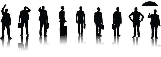 a group of standing business people, black color isolated on white background