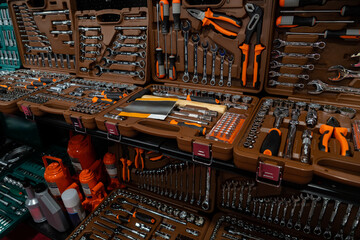 Tool box with wrenches in the store