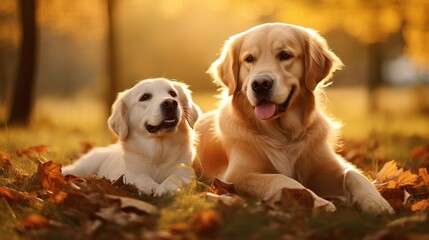 In a wild field landscape, there is a portrait of two dogs and cats sitting together on gold and yellow leaves. - obrazy, fototapety, plakaty