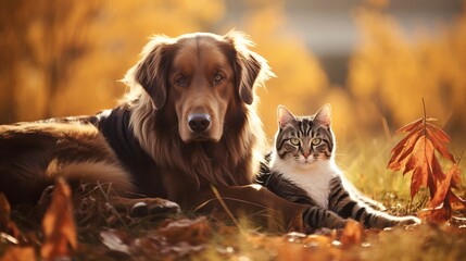 In a wild field landscape, there is a portrait of two dogs and cats sitting together on gold and...