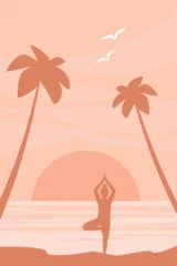 Horizontal abstract poster with yoga silhouette on the background of palm trees, sea, sunset in trendy peach colors. Vector graphics. © Ирина Горбунова