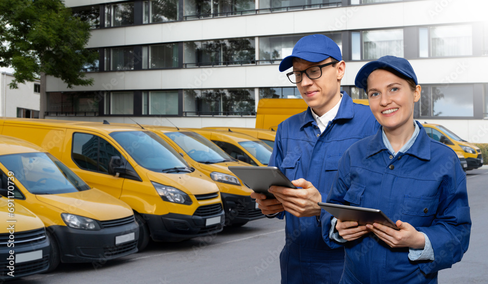 Aufkleber team of managers with a digital tablets on the background of trucks. fleet management