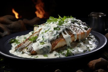 A grilled fish dish with creamy sauce on a the plate.