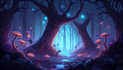 A fantasy book cover featuring a magical forest at night, with glowing mushrooms and mythical creatures hidden among the trees. - obrazy, fototapety, plakaty
