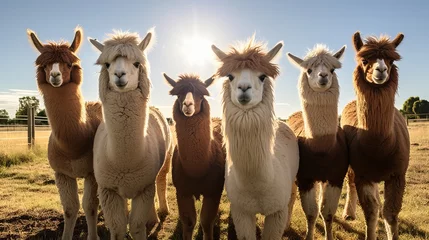 Foto op Canvas The grass in a field is being grazed by a group of llamas behind a fence © Elchin Abilov
