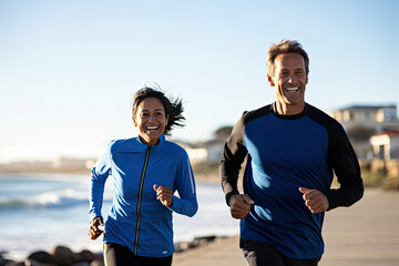 A happy and fit couple jogging together by the beach, enjoying a healthy and active lifestyle in...