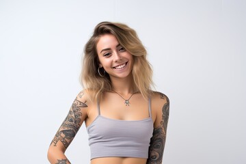 Fototapeta premium Young woman with expressive blue eyes, stylishly adorned with tattoos, exuding modern confidence and natural beauty.