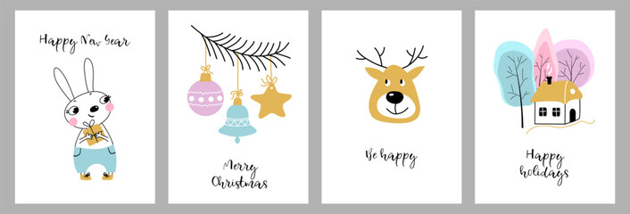New Year and Christmas illustrations. Winter holiday cards. Minimal design. Greeting cards, gift bags, posters, packaging. Vector drawn characters.