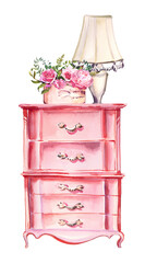 Vintage dresser for woman design. Watercolor hand painted retro wardrobe with lamp and flowers bouquet. Home interior concept. Furniture branding clipart.