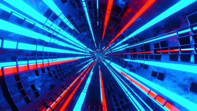 Abstract neon light tunnel visual effect motion background. VJ loop. Flying camera in a tube with many red, green, white lights. Dj visuals effects. Visual loops for music. Vfx background for music. S