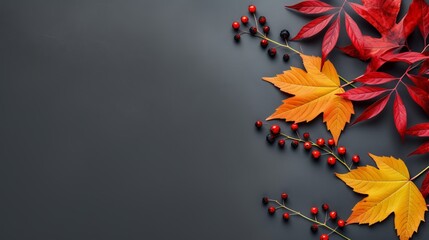 A flatlay copy space for thanksgiving day concept flatlays with colorful leaves on a gray background in autumn composition.