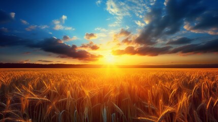 Breathtaking sunrise over serene countryside with vibrant wheat fields and clear blue sky - obrazy, fototapety, plakaty