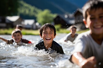 Joyful summer fun: Children swim in a river, splashing and enjoying an adventurous water activity. - obrazy, fototapety, plakaty