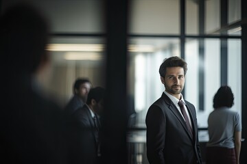 Confident businessman in a modern office: Professional, successful, and a leader among colleagues in a corporate setting.