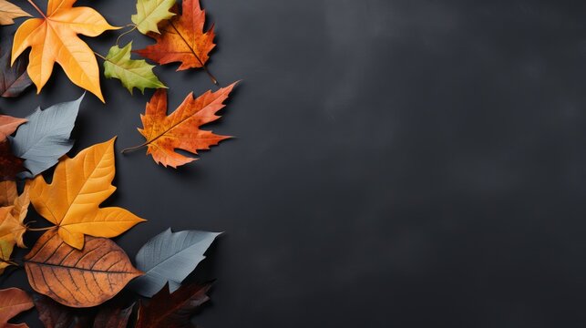 A flatlay copy space for thanksgiving day concept flatlays with colorful leaves on a gray background in autumn composition.
