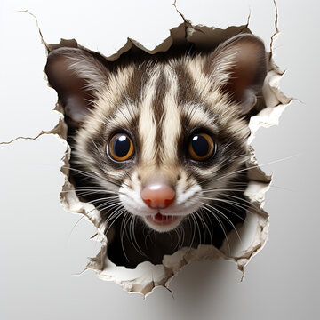 a cute margay sticking out of a broken hole in a white torn wall created with Generative Ai