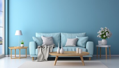 Elegant and sophisticated modern living room interior with blue tone colors and artistic wall decor