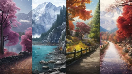 Fotobehang Captivating blend of all four seasons seamlessly woven together in a picturesque landscape © Ilja