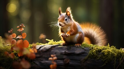 A squirrel with a red tail is resting on a tree stump where there are mushrooms growing - obrazy, fototapety, plakaty