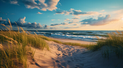 A Beautiful White Sand Beach on the Coastline at Golden Hour