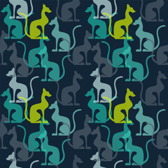 Colorful egyptian cats shape silhouette sitting. Bright vector illustration. Seamless pattern.