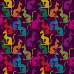 Colorful egyptian cats shape silhouette sitting. Bright vector illustration. Seamless pattern.