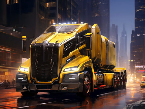 Big yellow and modern American truck, advanced tech, futuristic look, suggesting strength and beauty. Concept of autonomous trucks. 