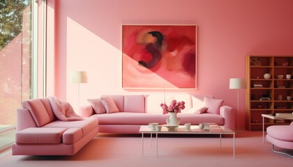 Stylish and modern living room interior with a beautiful pink color scheme and captivating wall art