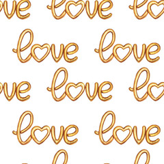 Seamless pattern golden text, word love, foil balloon, Valentine's day design element. Hand drawn watercolor illustration isolated on white background. For postcard, printing textile
